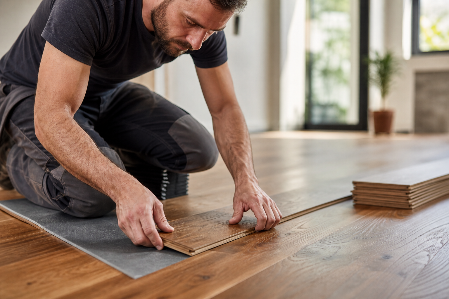 Craftsman installing hardwood flooring